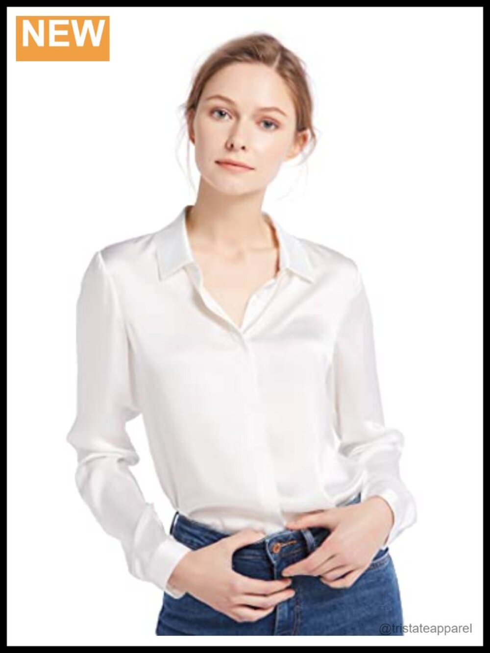 100% Mulberry Silk Long Sleeve Blouse Women Button Up Shirt Mother of Pearl